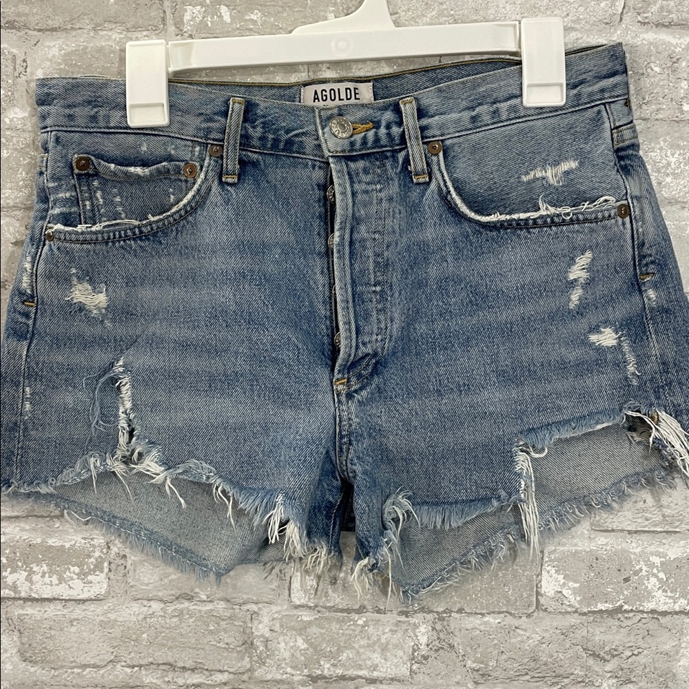 Agolde Blue Distressed Denim Shorts Button Fly